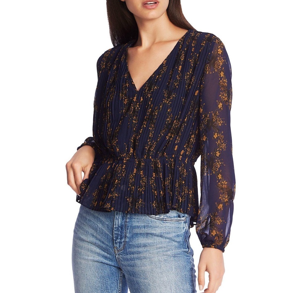 State Women’s Navy Floral Long Sleeve V Neck Peplum “Golden Hour” Top